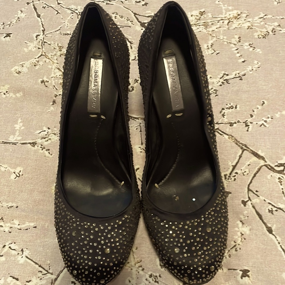 BCBG black satin platforms with rhinestones size 10